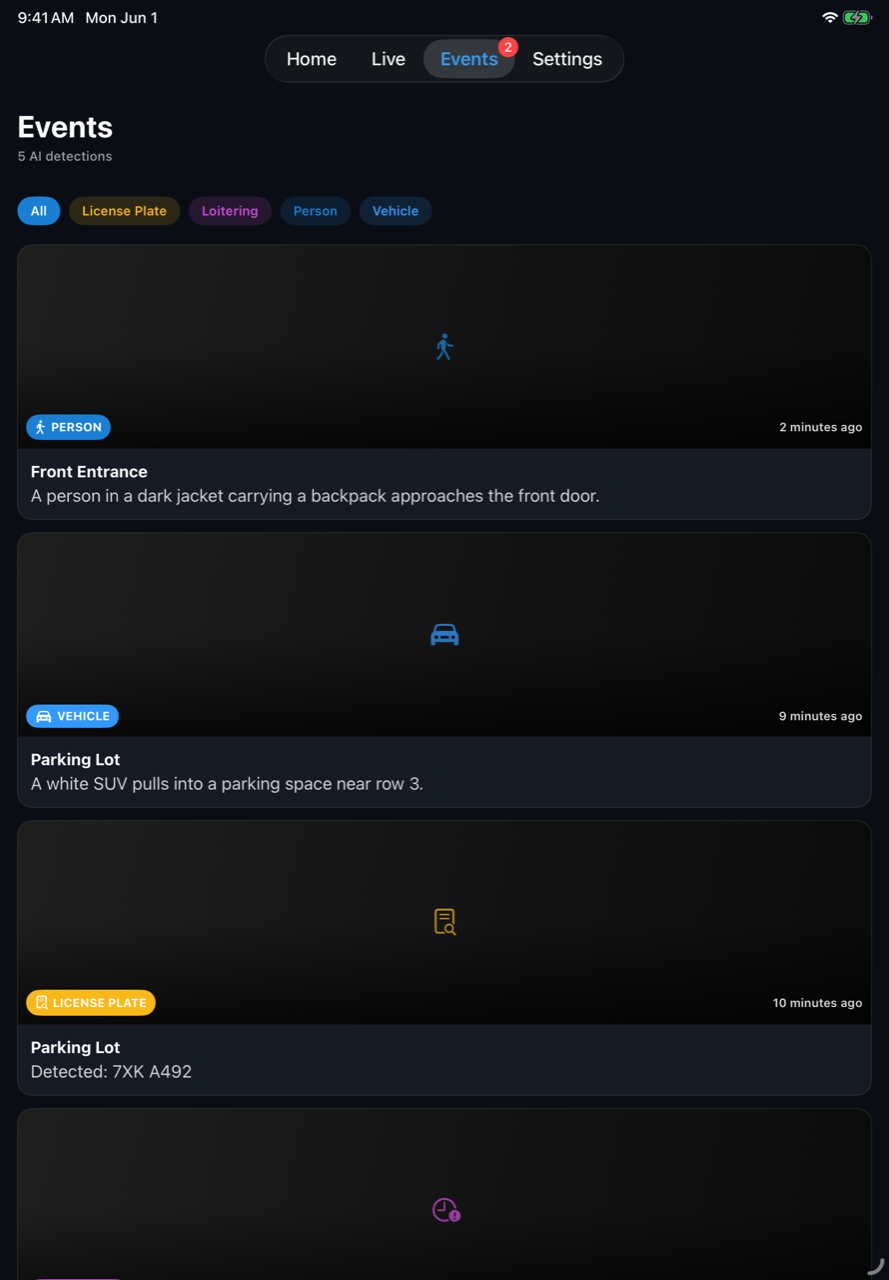 Sentinel AI event feed with Claude scene descriptions and threat reads