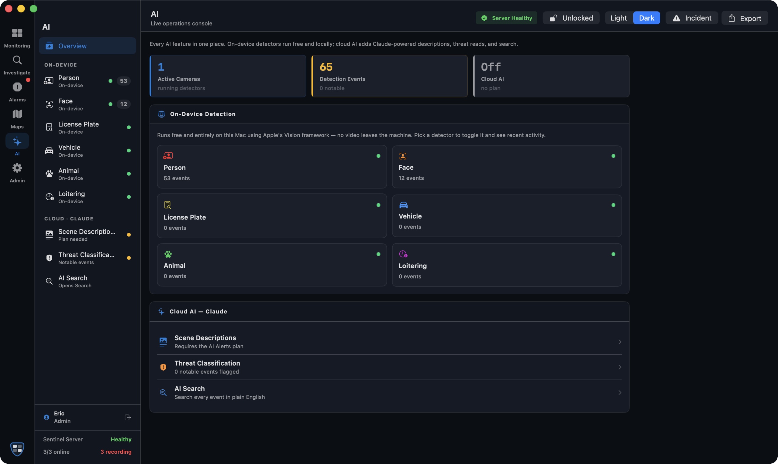 Sentinel VMS AI Center on macOS, every on-device detector with live status and today's event counts, plus optional Claude cloud AI