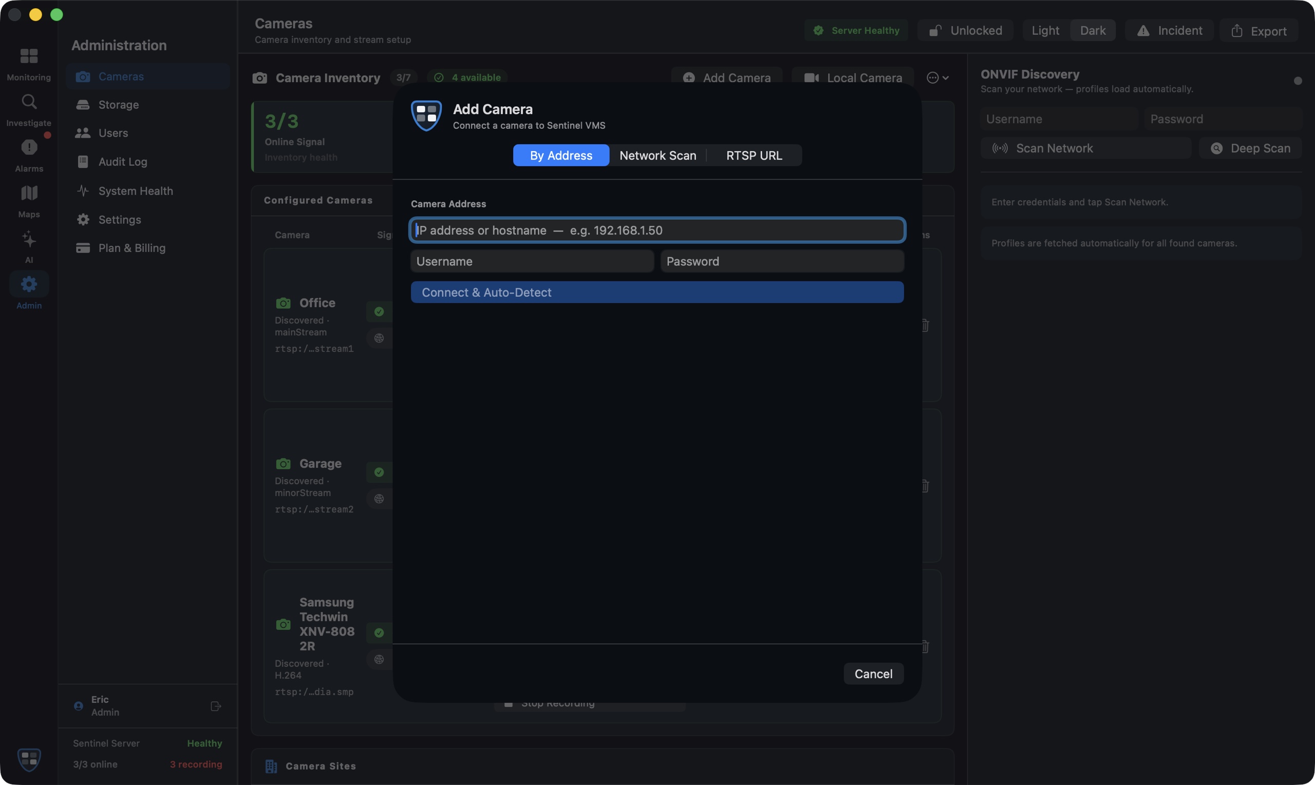 Sentinel Add Camera dialog with ONVIF network scan and automatic profile discovery