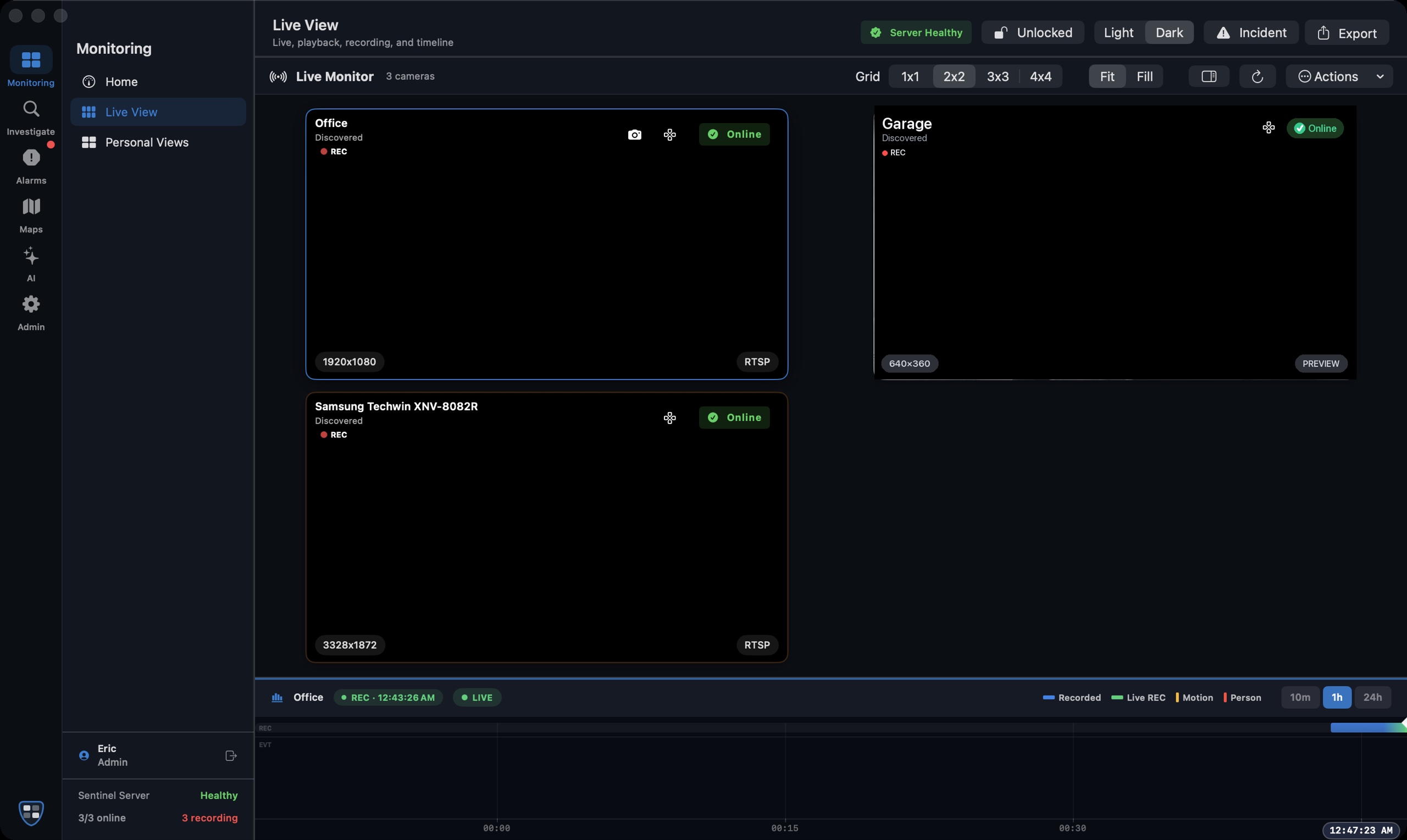 Sentinel VMS for Mac showing a live multi-camera grid with AI detection, recording timeline, and the camera inspector